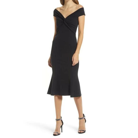 Katie May Women Black Flirt Off The Shoulder Formal Cocktail Midi Dress Size M - Picture 1 of 6